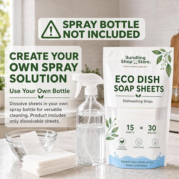 Eco Dish Soap Sheets – Eco Dishwashing Strips for Dishwasher Machines and Hand Washing – Travel & Home, 15 Sheets Up to 30 Washes (SPRAY BOTTLE NOT INCLUDED)