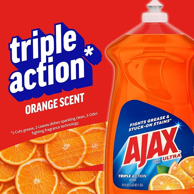 Ajax Triple Action Grease Cutting Dish Soap, Orange Scent, 52 Fl Oz bundled with Scotch Brite Heavy Duty Sponge