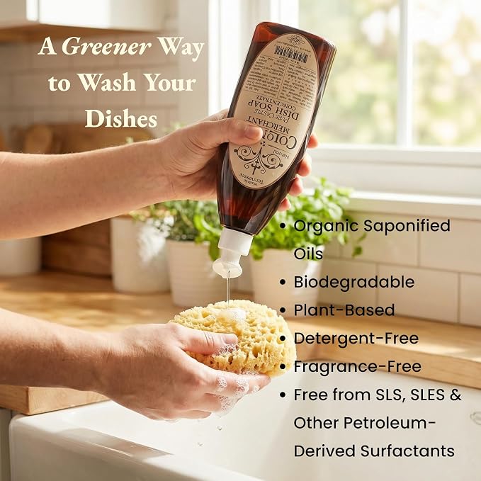 Colonial Merchant Pure Castile Dish Soap Concentrate, Fragrance‑Free, Plant‑Based & Detergent‑Free, Made with Organic Saponified Oils, Gentle Family‑Safe Dish Soap, Made in USA