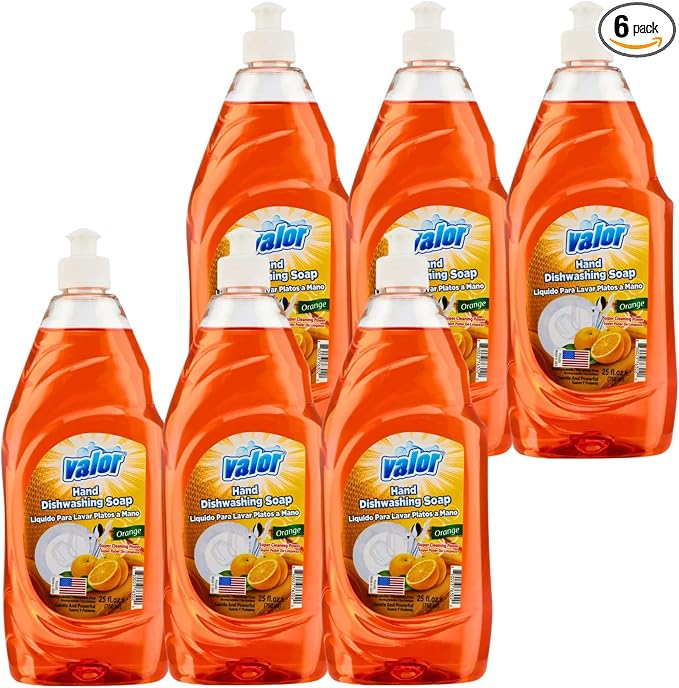 Valor Dishwashing Liquid, 25 fl oz – Dish Soap for Kitchen & Bathroom, Grease-Fighting, Gentle on Hands, Fast Rinse, Eco-Friendly Biodegradable Formula (25.5 oz (Pack of 6), Orange)