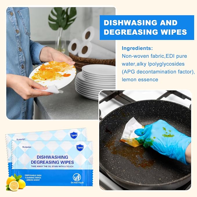 200 Pcs Dish Wipes, Individually Wrapped, Lemon Scent, Non Woven Fabric, Quick Clean, Kitchen, Outdoor, Travel, Camping