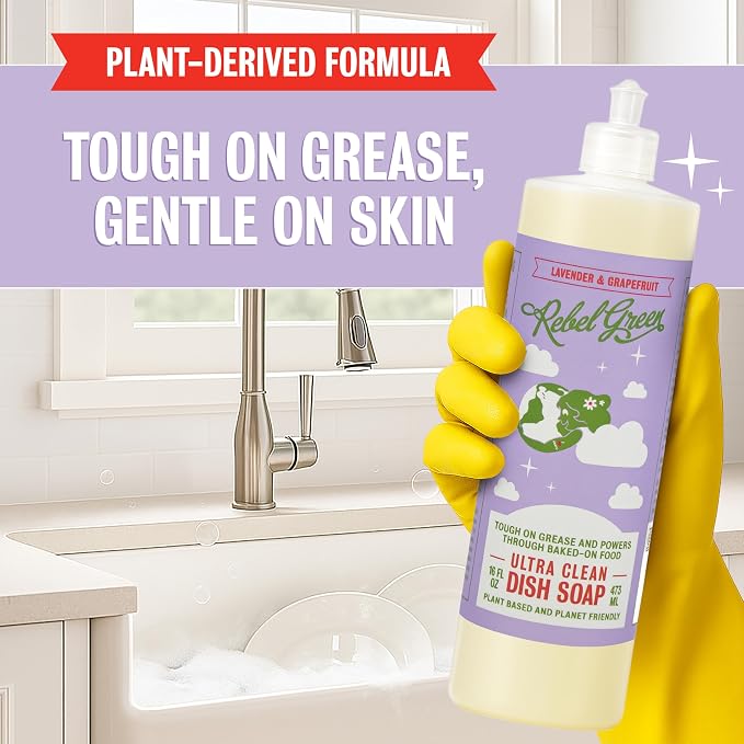 Rebel Green Ultra Clean Dish Soap, Plant-Derived Dishwashing Soap | Liquid Dish Soap for Grease and Tough Messes, No Harsh Chemicals, Lavender & Grapefruit Scent, 16 fl oz, 2 Pack