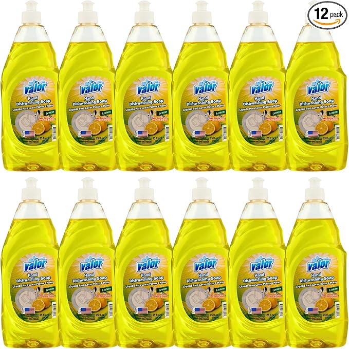 Valor Dishwashing Liquid, 25 fl oz – Dish Soap for Kitchen & Bathroom, Grease-Fighting, Gentle on Hands, Fast Rinse, Eco-Friendly Biodegradable Formula (25 fl oz (Pack of 12), Lemon)