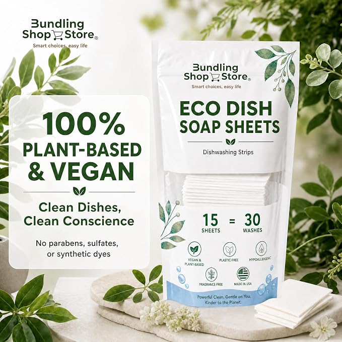 Eco Dish Soap Sheets – Eco Dishwashing Strips for Dishwasher Machines and Hand Washing – Travel & Home, 15 Sheets Up to 30 Washes (SPRAY BOTTLE NOT INCLUDED)