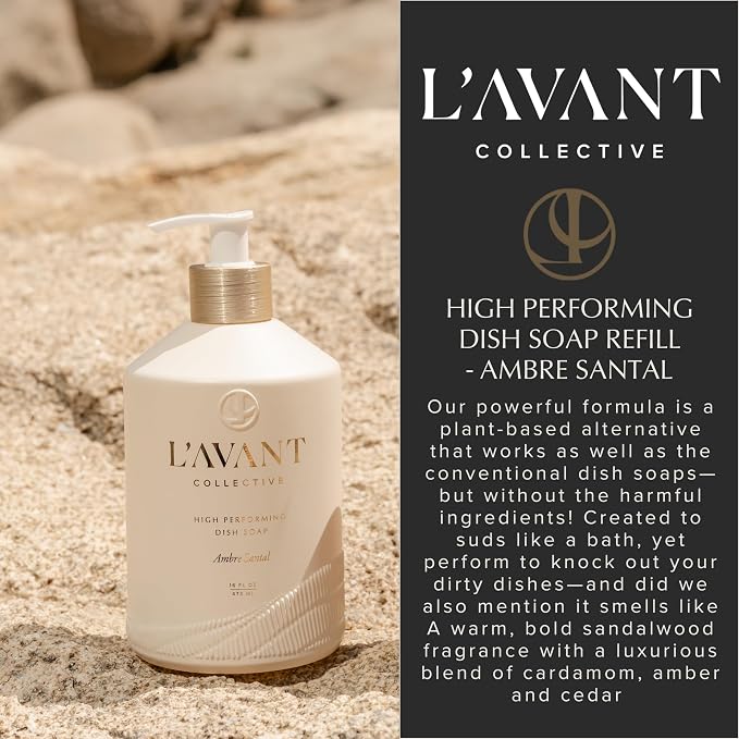 L'AVANT Dish Soap Refill, Plant-Based, Non-Toxic, 32 Fl Oz, Ambre Santal | Plant-based formula, grease-cutting power, gentle on hands, non-toxic, glass bottle refill, cruelty-free, Ambre Santal scent
