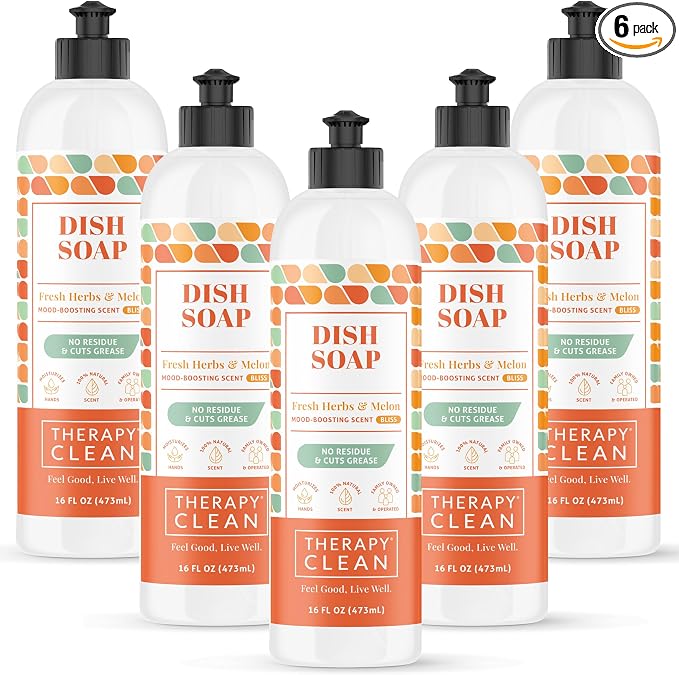 Therapy Clean Dish Soap Fresh Herb & Melon (6-Pack), Dishwashing Liquid, Dishwasher Soap, Natural Dish Soap Refill, Dishsoap, Dish Washing Liquids, Bottle Soap
