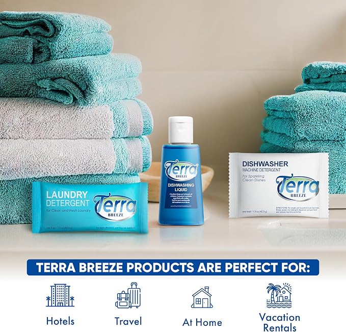 Terra Breeze Laundry & Dish Soap Amenity Kit, 90-Piece | Bulk Toiletries, Hospitality Supplies, Hotels, Resorts, Vacation Rentals, guest amenities, hotel room essentials, motels
