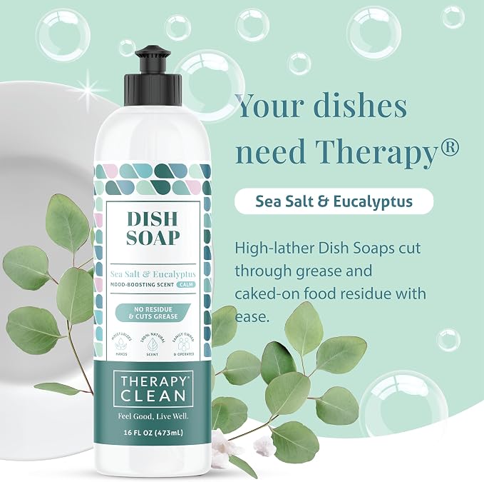 Therapy Clean Dish Soap, 100% Natural Fragrance, Plant-Based Dishwashing Liquid (Sea Salt & Eucalyptus (Soothe & Calm), 16 oz (1-pack)