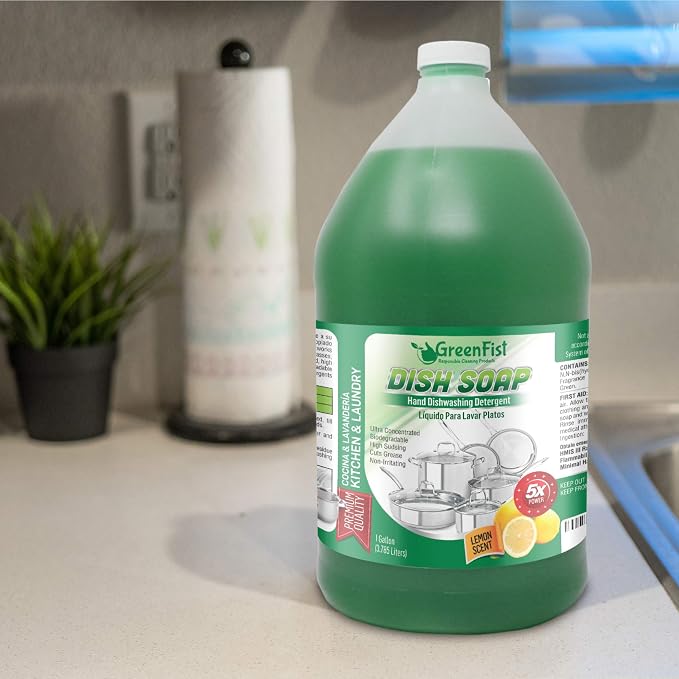 GreenFist Dish Soap Professional Detergent Liquid Pot & Pan Dish-Wash - Light or Heavy Use (Green Dish Soap 1 Gallon W/Sponge & Pump)