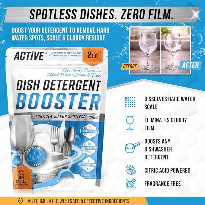 ACTIVE Dishwasher Detergent Booster and K-Cup Compatible Cleaning Pods - Includes 32oz Dish Detergent Booster and 12pk Keurig Compatible Cleaning Pods