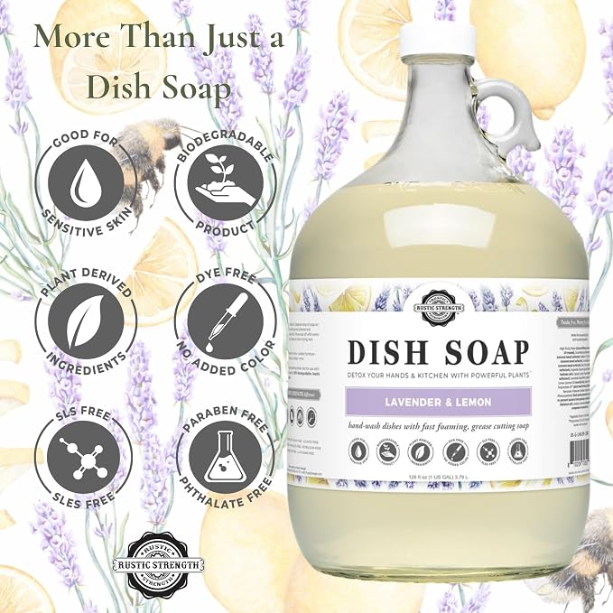 Rustic Strength Natural Dish Soap with Lavender and Lemon, Gallon Glass | Plant Based Cleaners, Streak Free Shine, Helps Remove Grease & Food Residue,Rich Lather