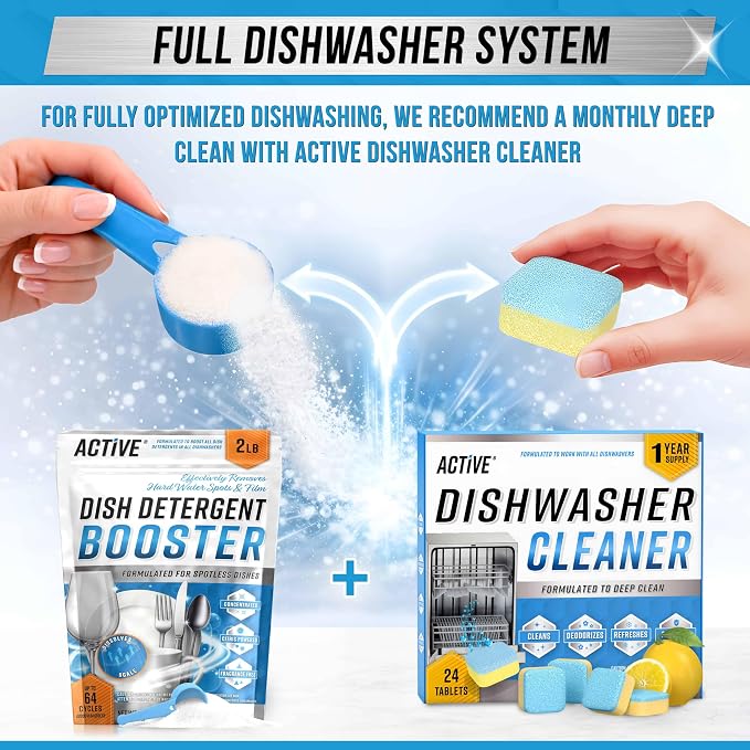 Dishwasher Detergent Booster Prewash Powder - ACTIVE Citric Acid Dishwashing Additive for Hard Water, Natural Dish Washer Shine & Rinse Aid, Lime Scale Remover for Cloudy Glassware - 64 Uses (32-oz)