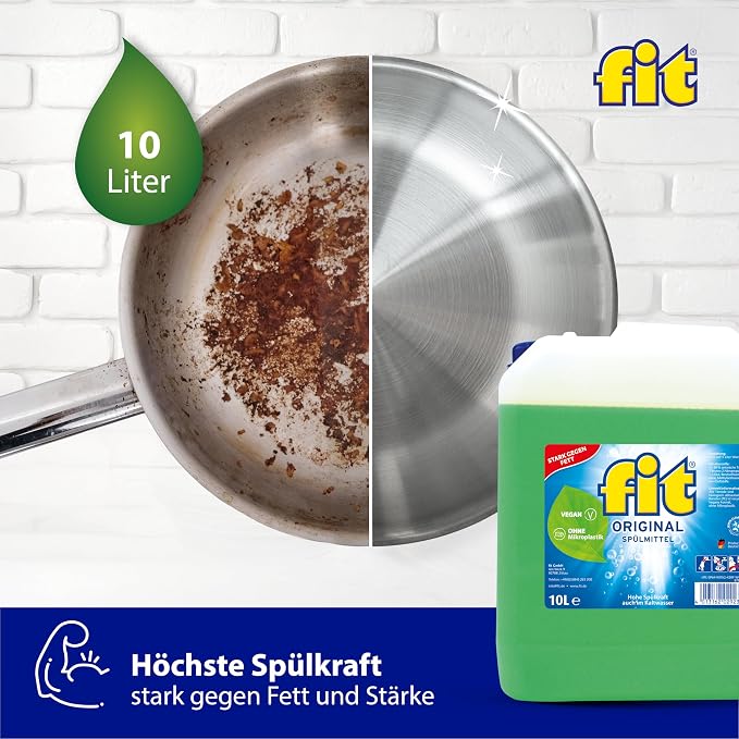 fit Hand Washing Up Liquid 10 L Canister, Dishwasher Detergent Against Grease and Strength, Skin-Friendly, Vegan, Microplastic-Free, Original