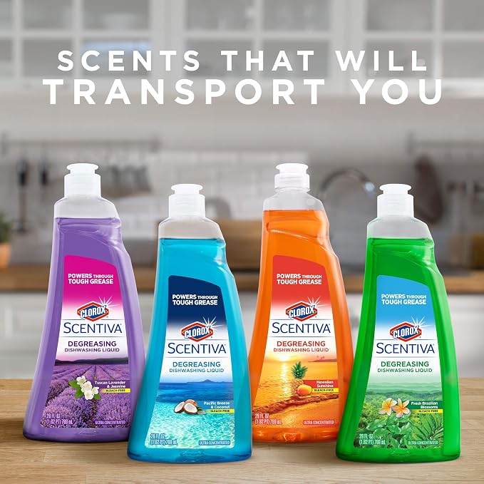 Clorox Scentiva Liquid Dish Soap, Hawaiian Sunshine Scent, Ultra-Concentrated Dishwashing Detergent, Grease Cutting Bleach-Free, 26 Fl Oz, 6 Pack