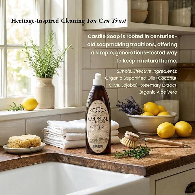 Colonial Merchant Pure Castile Dish Soap Concentrate, Fragrance‑Free, Plant‑Based & Detergent‑Free, Made with Organic Saponified Oils, Gentle Family‑Safe Dish Soap, Made in USA