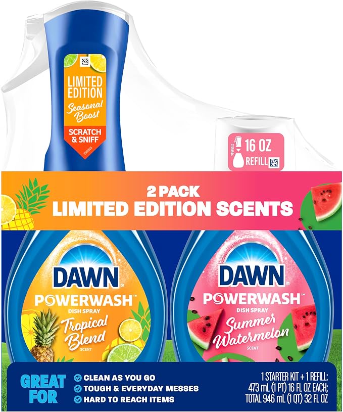 Dawn Dish Soap Spray Kitchen Household Essentials 1 Tropical Blend Starter Kit and Watermelon Refill Combo Pack, 16 oz (each)