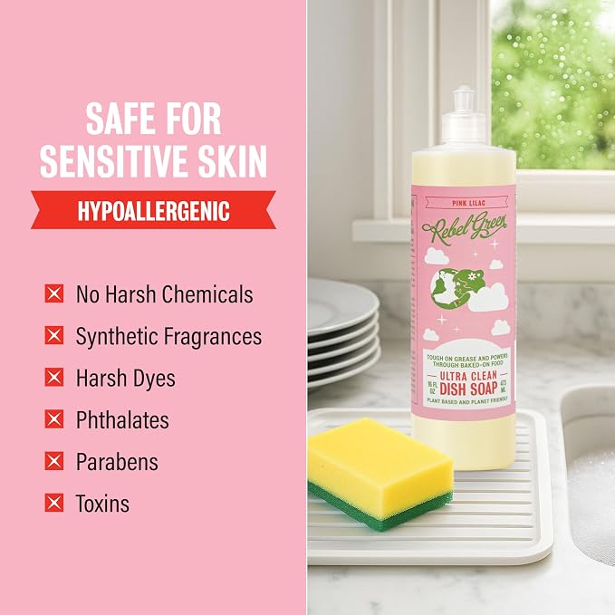 Rebel Green Ultra Clean Dish Soap, Plant-Derived Dishwashing Soap | Liquid Dish Soap for Grease and Tough Messes, No Harsh Chemicals, Pink Lilac Scent, 16 fl oz, 2 Pack