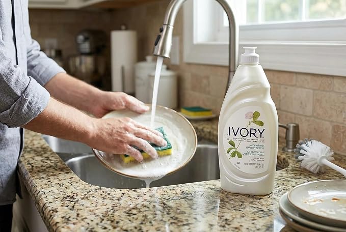 Ivory Grease Cutting Dish Soap, Classic Scent, Gentle on Hands, 24 Fl Oz bundled with Heavy Duty Scotch Brite Sponge