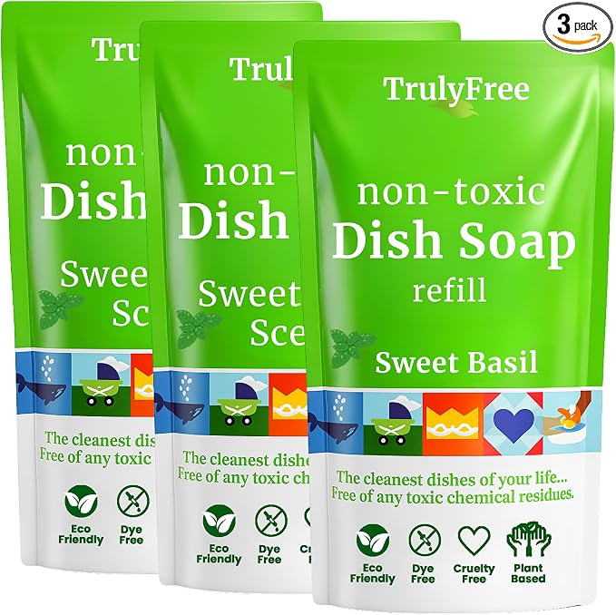 Truly Free Non Toxic Dish Soap | Natural Concentrated Dishwashing Liquid - Sweet Basil Scent | Non Toxic Organic Plant-Based Dish Soap | Family Safe - Eco-Friendly Formula | 16 fl oz