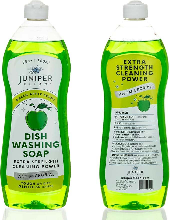 Juniper CLEAN, Dish Soap, Green Apple Scent, Liquid Dish Washing Soap Squeeze Bottle 25 Fl Oz (Pack of 6)
