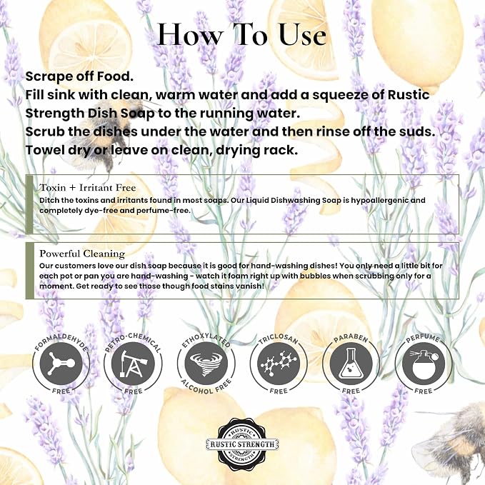 Rustic Strength Natural Dish Soap, Lavender and Lemon, 64 oz Plastic | Plant-Based Formula,Cuts Grease,No Harsh Residue,Streak Free Clean Rinsing