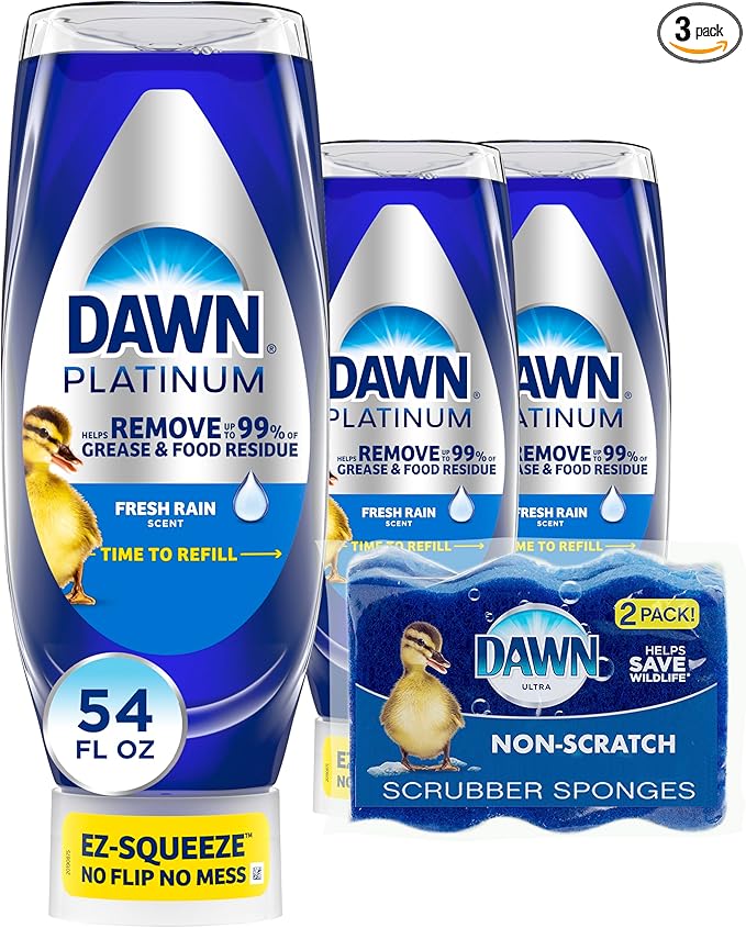 Dawn Dish Soap Squeeze Bottle, EZ-Squeeze Platinum Dish Soap Liquid+Non-Scratch Sponges for Dishes, Fresh Rain, Includes 3x18oz Bottles+2 Sponges