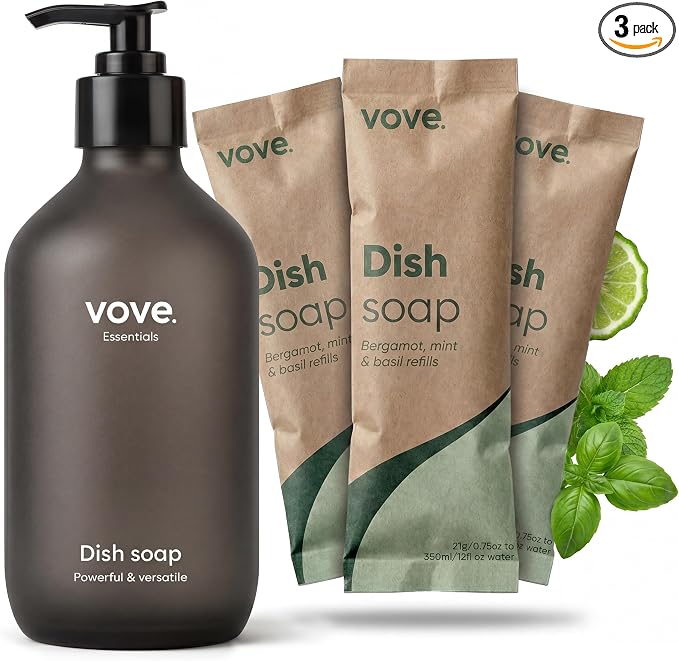 Vove Dish Soap Starter Set with Refillable Glass Pump Bottle & 3 Refills, Bergamot Mint & Basil, Powder-to-Gel Dishwashing Liquid, Plant-Based Concentrated Formula, Plastic-Free Packaging