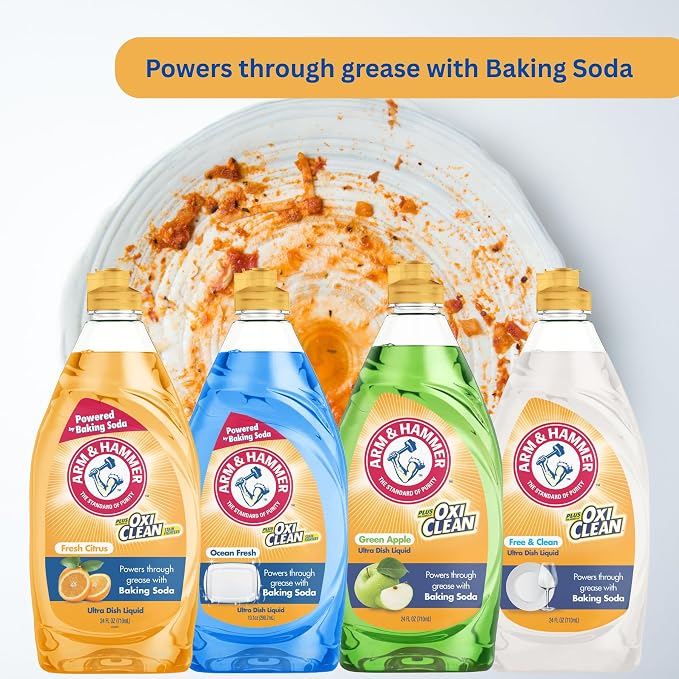 Arm & Hammer Ultra Dish Soap Variety Pack, 4-Pack (24oz Each) – Citrus, Ocean Fresh, Crisp Apple & Free & Clear – Powerful Grease Cleaning, Fresh Scents
