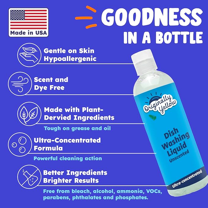 Originally Yellow USA Made Unscented Dish Soap | Hypoallergenic Dish Wash | Bulk 3 Pack (Unscented Old)