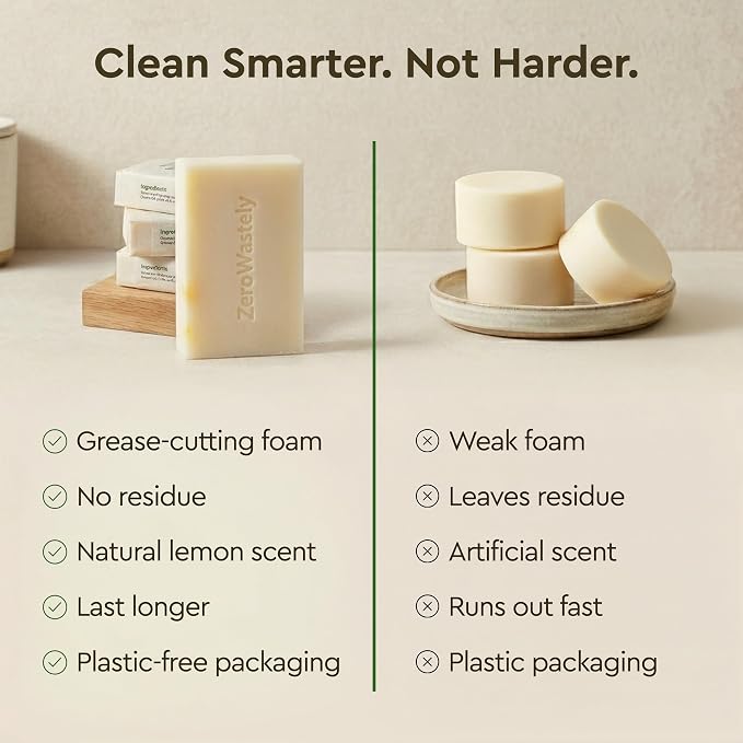 ZeroWastely Natural Dish Soap Bar - Value Pack of 3 Solid Soap Block 16oz - Lemon Scented, Long Lasting, Skin Friendly - Sustainably Made from 100% Organic Ingredients - Plastic Free Dish Soap