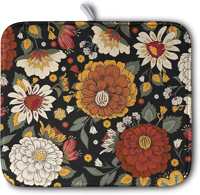 Vintage Floral Dish Drying Mat for Kitchen Counter Retro Sunflower Floral by Kwlegh