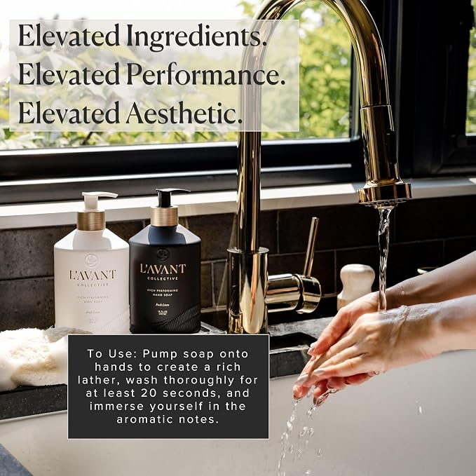 L'AVANT Collective The Ultimate Dish Wash Duo, Natural Luxury Dish Soap 16 Fl Oz with Refillable Glass Pump Bottle & 2 Loofah Dish Sponges for Pots, Pans, Dishes and Kitchen Cleaning, Fresh Linen