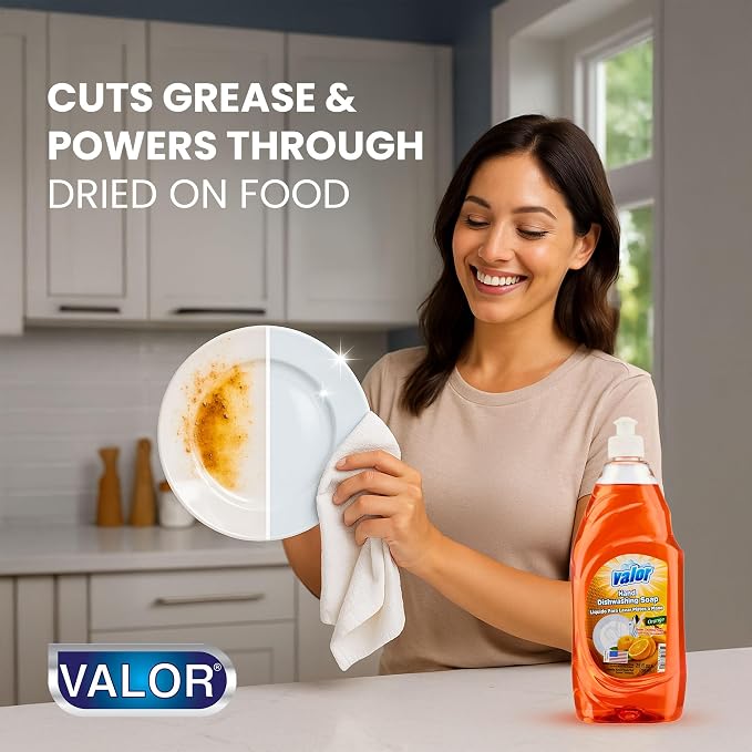 Valor Dishwashing Liquid, 25 fl oz – Dish Soap for Kitchen & Bathroom, Grease-Fighting, Gentle on Hands, Fast Rinse, Eco-Friendly Biodegradable Formula (25 oz (Pack of 3), Orange)