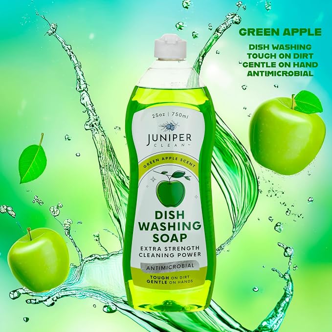Juniper CLEAN, Dish Soap, Green Apple Scent, Liquid Dish Washing Soap Squeeze Bottle 25 Fl Oz (Pack of 6)