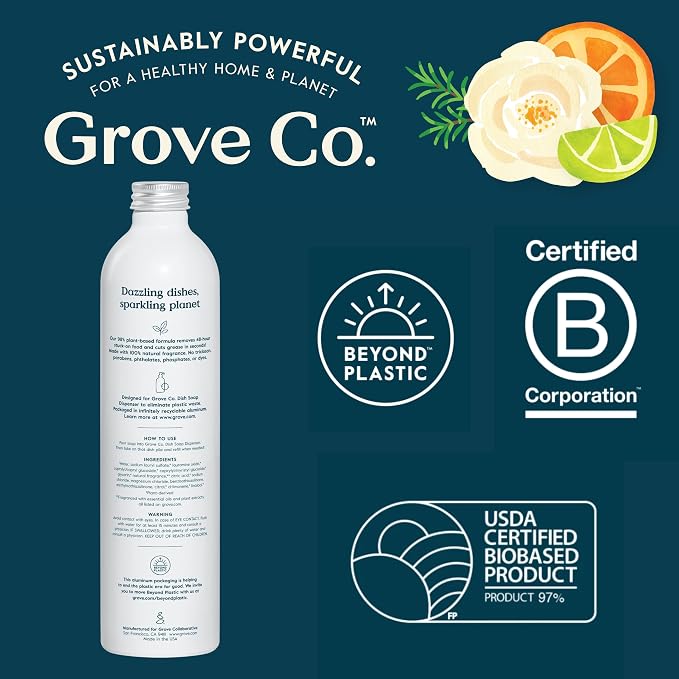 Grove Co. Dish Soap, 3 x 16 fl oz Refills, Lemon & Eucalyptus | Plastic-Free; Refill format; Natural Fragrance; Removes Stuck on Food; 98% plant-based ingredients