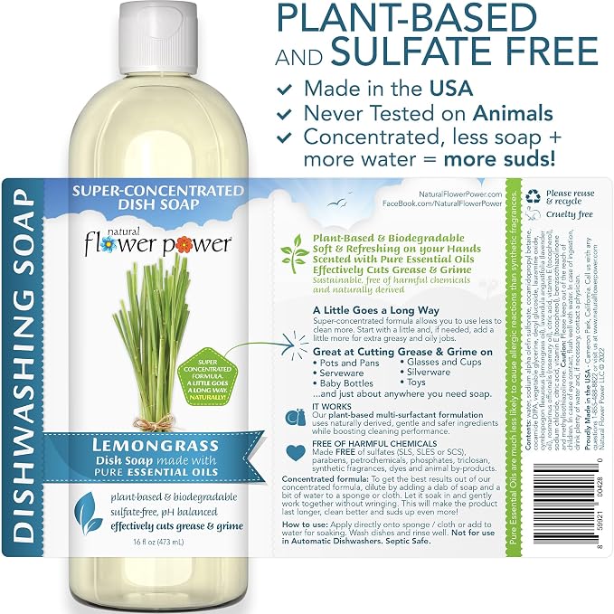 Natural Flower Power Liquid Dish Soap – Lemongrass – Plant-Based & Scented w/ Pure Essential Oils – Natural Liquid Dishwashing Detergent – Sulfate-Free Gentle Kitchen Soap – Vegan (16 Fl Oz 3 Pack)