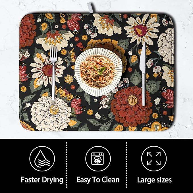 Vintage Floral Dish Drying Mat for Kitchen Counter Retro Sunflower Floral - Image 4