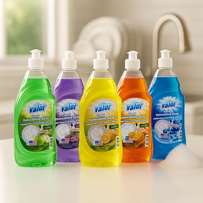 Valor Dishwashing Liquid, 25 fl oz – Dish Soap for Kitchen & Bathroom, Grease-Fighting, Gentle on Hands, Fast Rinse, Eco-Friendly Biodegradable Formula (25 fl oz (Pack of 12), Lemon)