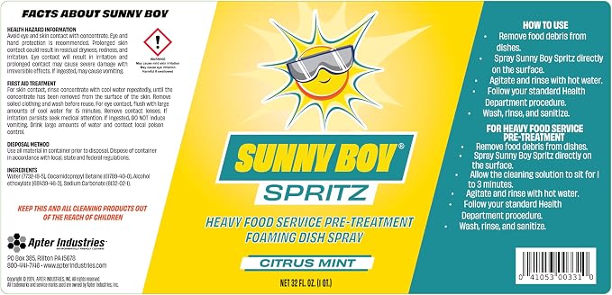 Apter Industries Sunny Boy Spritz | Heavy-Duty Foaming Dish Spray | Tackles Grease & Food Debris | Pre-Treatment Cleaner | Over 1500 Sprays per Bottle | Citrus Mint