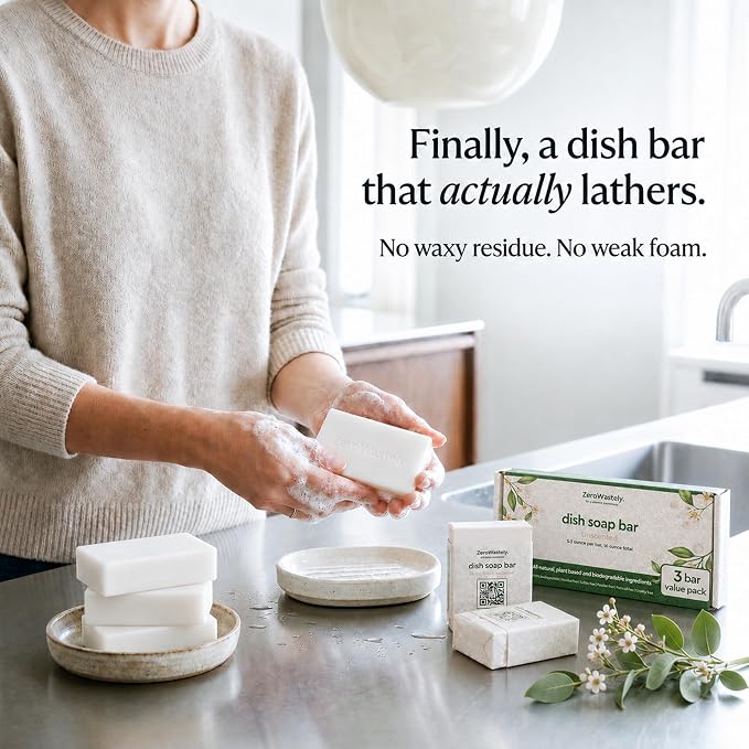 ZeroWastely Natural Dish Soap Bar - Value Pack of 3 Solid Soap Block 16oz - UnScented, Long Lasting, Skin Friendly - Sustainably Made from 100% Organic Ingredients - Plastic Free Dish Soap