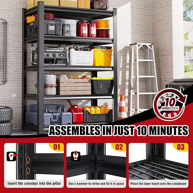 Set of 2 Garage Shelving-3000 lbs 5 Tier Storage Shelves, Adjustable Heavy Duty - Image 6
