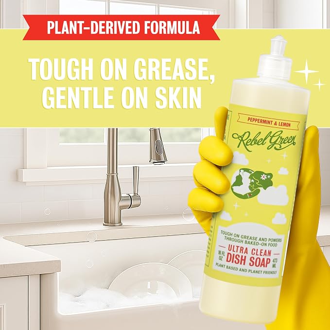 Rebel Green Ultra Clean Dish Soap, Plant-Derived Dishwashing Soap | Liquid Dish Soap for Grease and Tough Messes, No Harsh Chemicals, Peppermint & Lemon Scent, 16 fl oz, 2 Pack