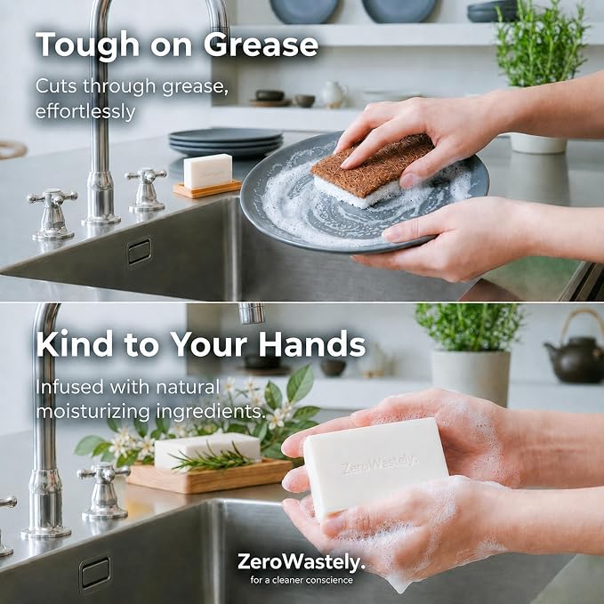 ZeroWastely Natural Dish Soap Bar - Value Pack of 3 Solid Soap Block 16oz - UnScented, Long Lasting, Skin Friendly - Sustainably Made from 100% Organic Ingredients - Plastic Free Dish Soap