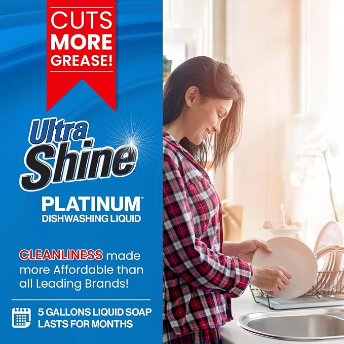 Ultra Shine 3 Pack 3X Platinum Bulk Dishwashing Liquid, Powerful Grease Remover, 5-Gallon - Concentrated Dish Cleaner Soap for Commercial Kitchens, Restaurants & Home Cleaning, Gentle on Hands & Skin
