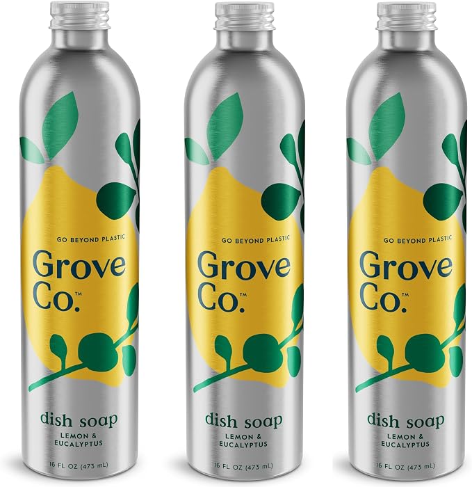 Grove Co. Dish Soap, 3 x 16 fl oz Refills, Lemon & Eucalyptus | Plastic-Free; Refill format; Natural Fragrance; Removes Stuck on Food; 98% plant-based ingredients