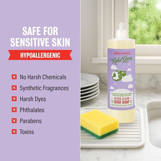 Rebel Green Ultra Clean Dish Soap, Plant-Derived Dishwashing Soap | Liquid Dish Soap for Grease and Tough Messes, No Harsh Chemicals, Lavender & Grapefruit Scent, 16 fl oz, 2 Pack