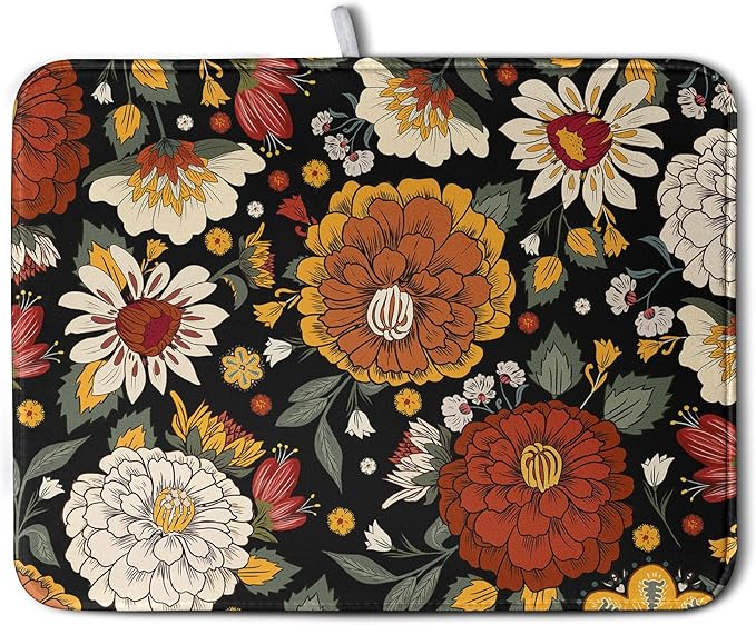 Vintage Floral Dish Drying Mat for Kitchen Counter Retro Sunflower Floral by Kwlegh