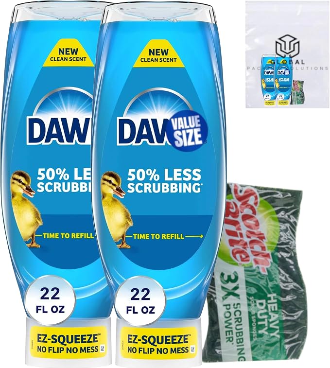 Dawn EZ Squeeze Gentle Clean Liquid Original Dish Soap, 22 Fl Oz (Pack of 2) bundled with Heavy Duty Scotch Brite Sponge