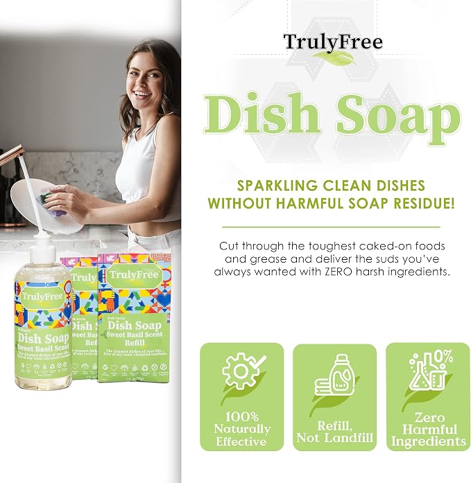 Truly Free Non Toxic Dish Soap Kit | Natural Concentrated Dishwashing Liquid - Sweet Basil Scent | Organic Plant-Based | Family Safe - Eco-Friendly Formula | 16 fl oz