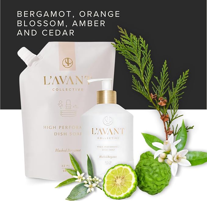 L'AVANT Natural Dish Soap Refill, Plant-Based, 32 Fl Oz, Blushed Bergamot | Plant-based, non-toxic formula, grease-cutting power, gentle on hands, Blushed Bergamot scent, cruelty-free, 32 fl oz refill